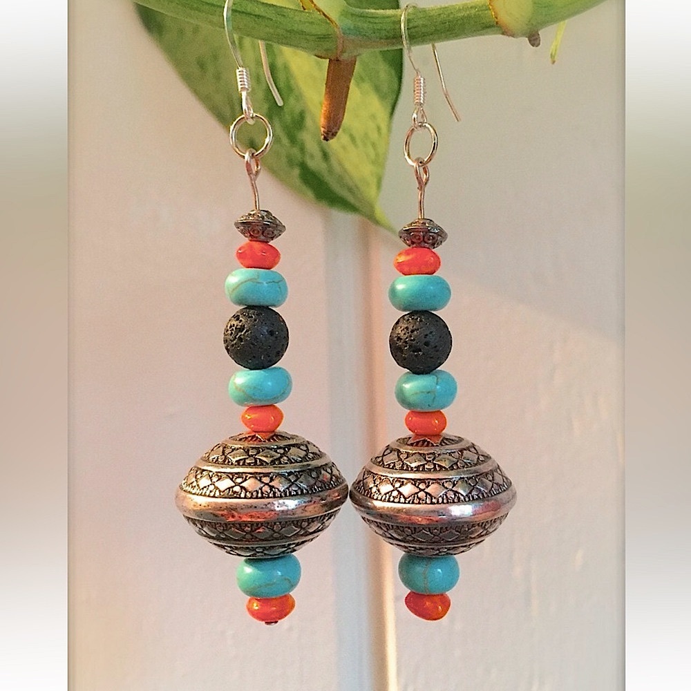 Love Hot Like Lava Earrings • Natural Stone, Glass Beads • Handmade